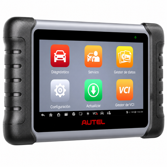 Vista en perspectiva de la tablet de diagnosis para coche Autel MaxiCOM MK808K-BT, destacando sus protectores laterales de goma anticaídas. La pantalla táctil muestra el menú principal en español con el acceso al Gestor de VCI para la conexión Bluetooth.