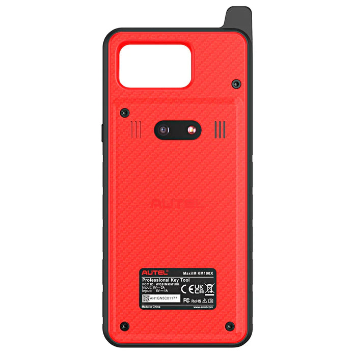 Parte trasera de la máquina Autel MaxiIM KM100 mostrando su diseño robusto y cámara de 8 megapíxeles
