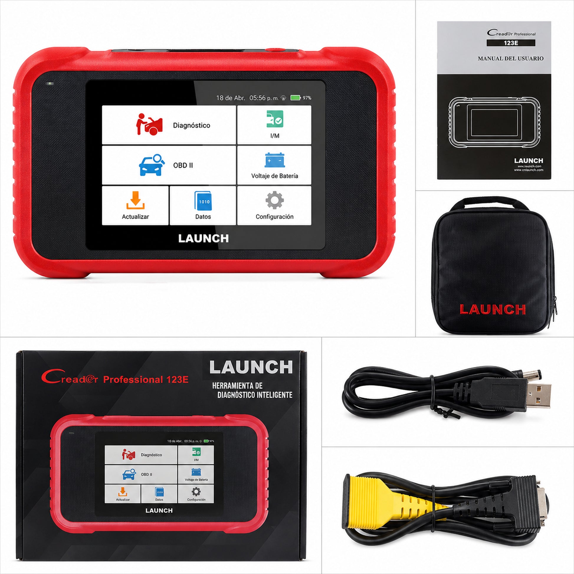 Contenido del paquete de la Launch CRP123E V3.0 incluyendo cable de diagnóstico OBD2 y funda de transporte