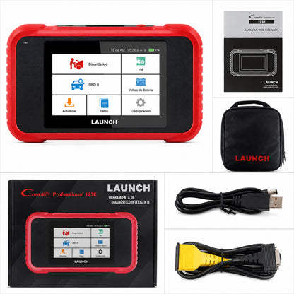 Contenido del paquete de la Launch CRP123E V3.0 incluyendo cable de diagnóstico OBD2 y funda de transporte