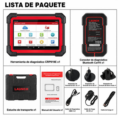 Infografía oficial con la lista de paquete del equipo de diagnosis Launch X431 CRP919E BT. Detalla el inventario completo incluido en la compra: tableta principal, conector Bluetooth DBSCar VII, estuche de transporte, manual, cable de diagnóstico OBD2 y adaptadores de corriente para Europa, UK y USA.