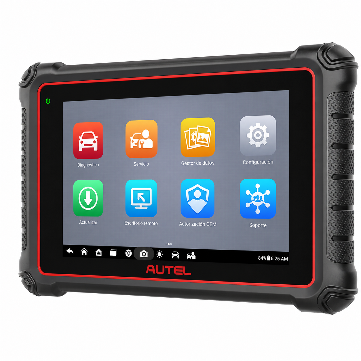 Primer plano de la interfaz principal del equipo de diagnosis Autel MaxiPRO MP900E basada en Android, destacando los iconos para descargar actualizaciones de software por WiFi, gestionar datos del taller y solicitar asistencia en remoto.