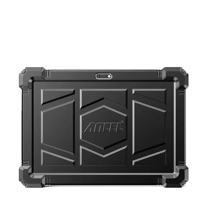 Vista trasera de la tablet industrial del escáner de diagnosis ANCEL X7 HD. Diseño robusto con carcasa antichoque reforzada para resistir caídas en entornos de taller mecánico, mostrando la cámara trasera integrada para documentar averías y reparaciones.