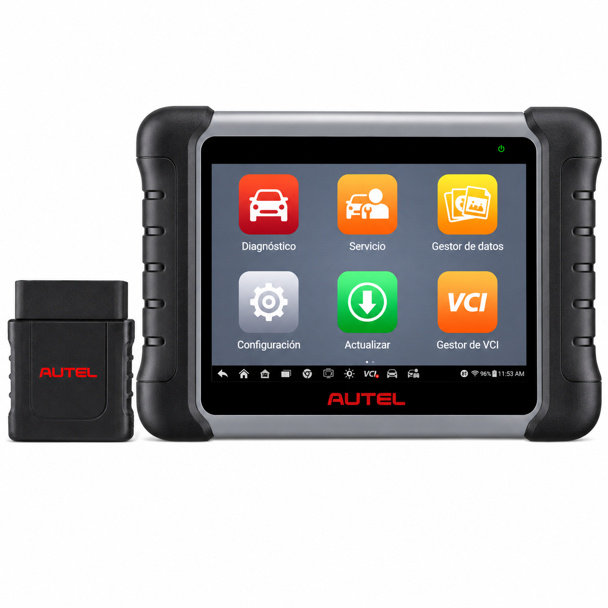 Tableta de diagnosis Autel MaxiCOM MK808K-BT mostrada junto a su interfaz inalámbrica original MaxiVCI Mini. Este conjunto permite al mecánico conectarse al puerto OBD2 del vehículo y diagnosticar con total libertad de movimiento en el taller.