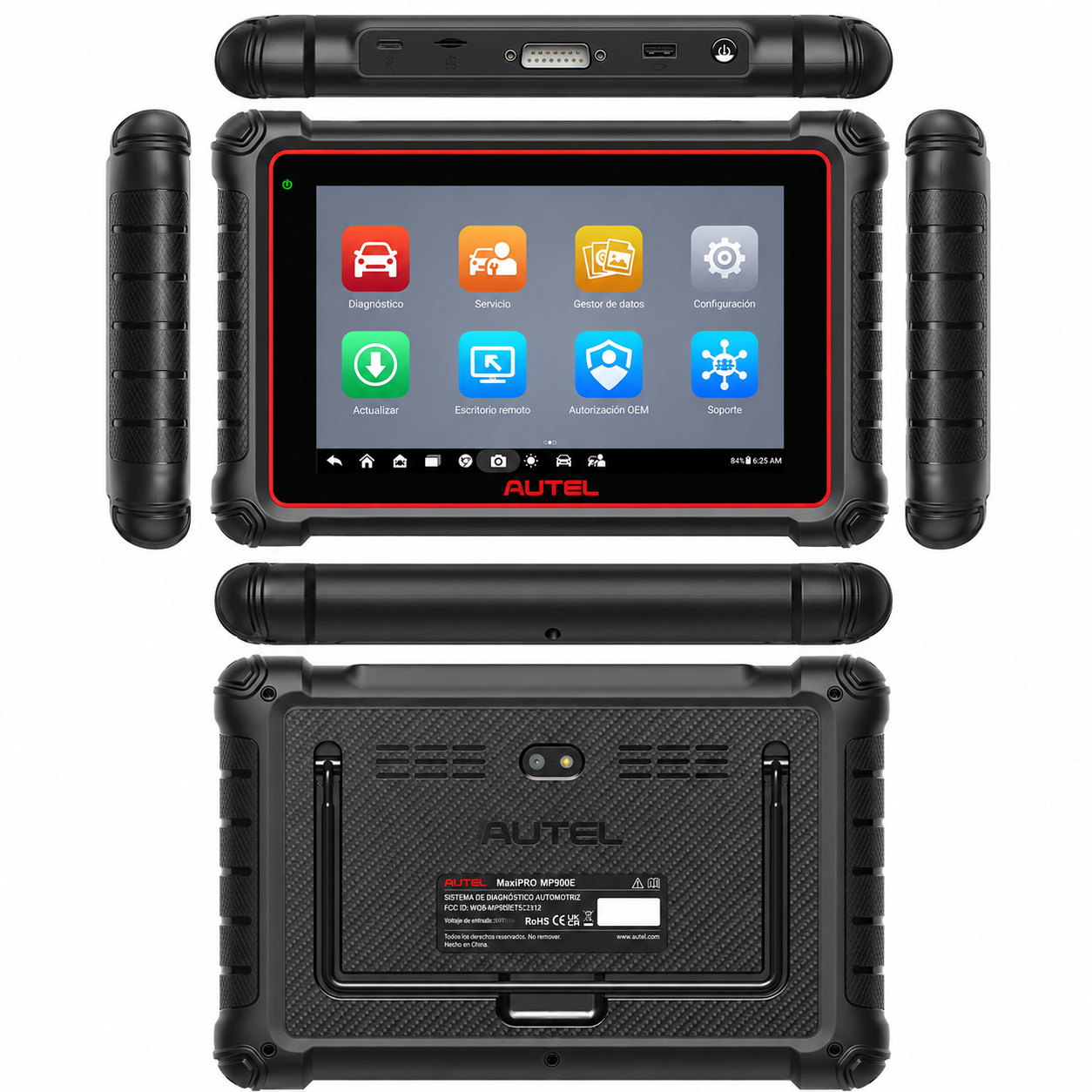 Composición técnica de 360 grados del escáner de diagnosis Autel MaxiPRO MP900E, detallando la pantalla principal, el panel trasero con soporte, los protectores laterales de goma anticaídas y el perfil superior con los puertos de conexión de datos y carga.