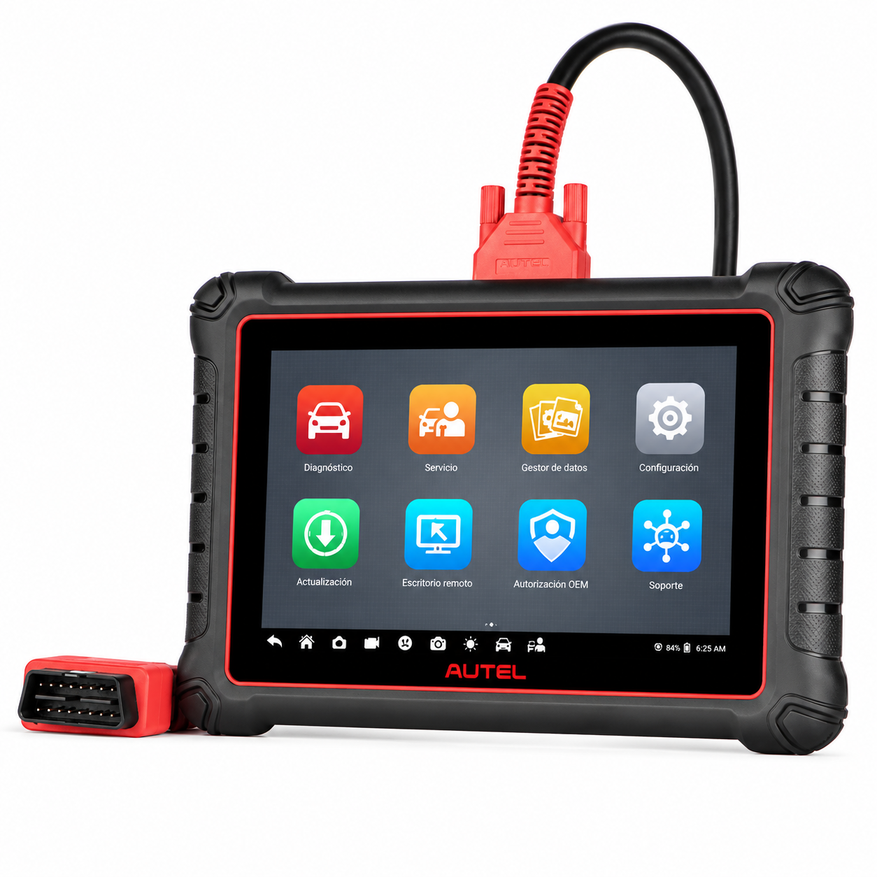 Escáner de diagnosis Autel MaxiPRO MP900E mostrando el cable principal de conexión directa al puerto OBD2 de 16 pines, diseñado para garantizar una transmisión de datos por cable rápida y sin cortes durante la lectura de centralitas.