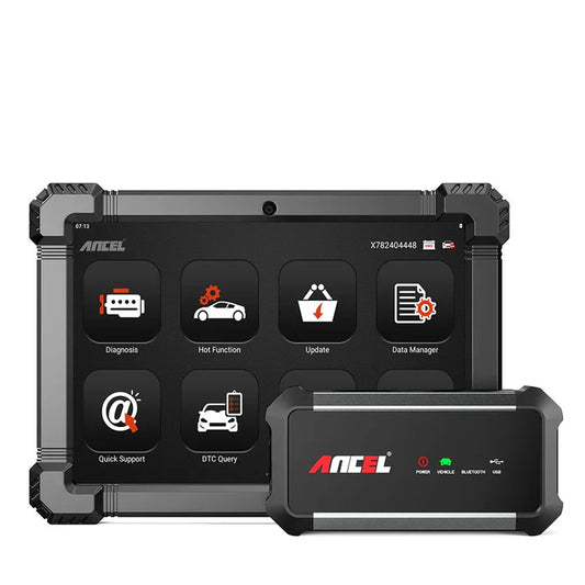 Vista frontal del equipo de diagnosis profesional ANCEL X7 HD para camiones y maquinaria pesada. Muestra la tablet industrial táctil de 10.1 pulgadas con la interfaz principal y el módulo de conexión VCI Bluetooth inalámbrico para 12V y 24V.
