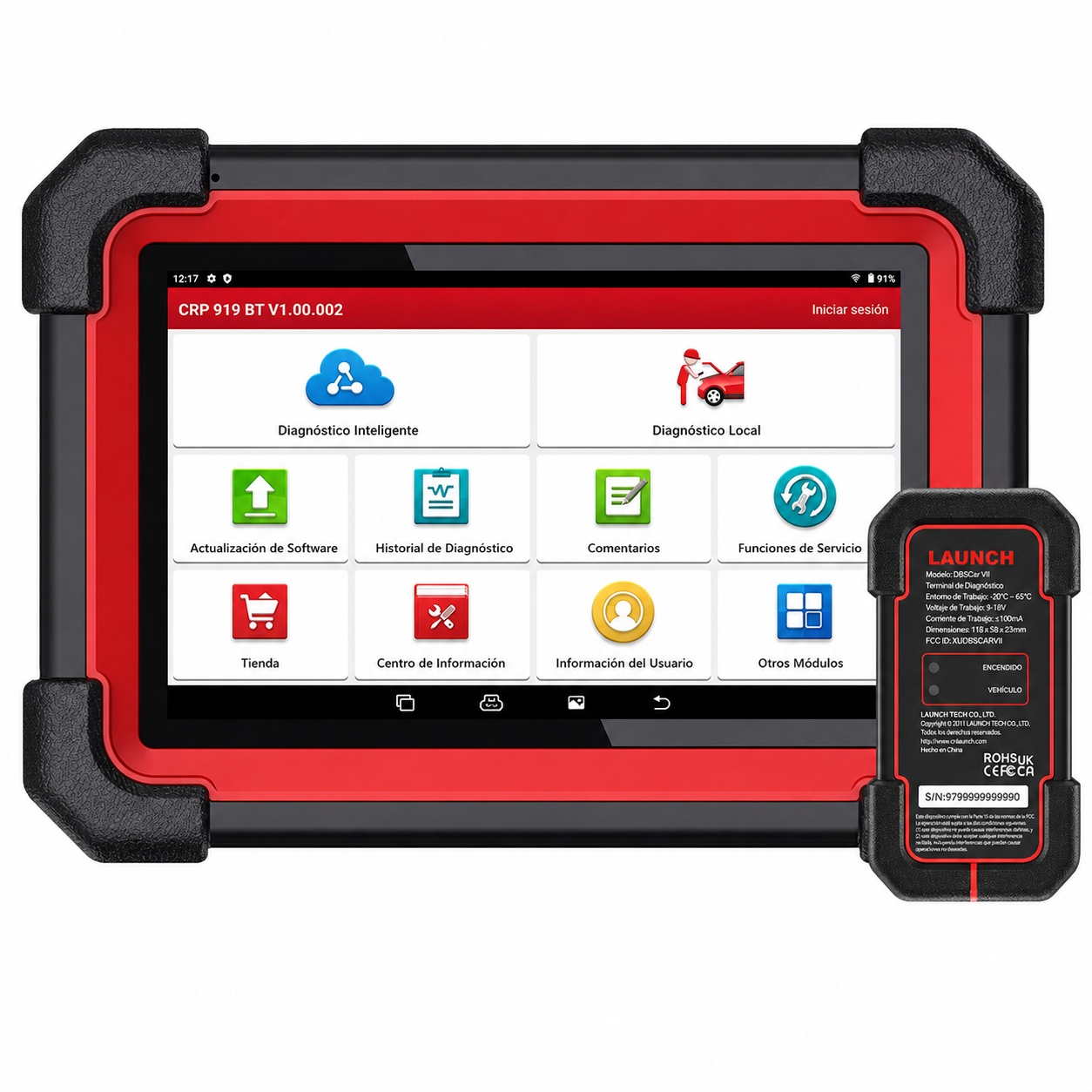 Vista frontal del escáner multimarca Launch X431 CRP919E BT junto a su interfaz Bluetooth original DBSCar VII. La pantalla táctil muestra el menú principal completamente en español, destacando las funciones de Diagnóstico Inteligente y Actualización de Software.