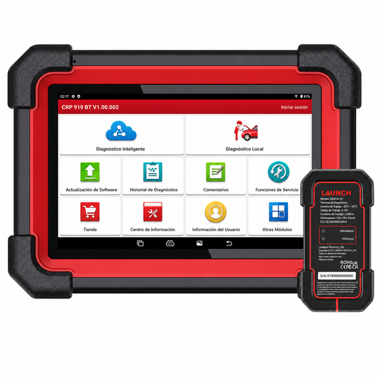 Vista frontal del escáner multimarca Launch X431 CRP919E BT junto a su interfaz Bluetooth original DBSCar VII. La pantalla táctil muestra el menú principal completamente en español, destacando las funciones de Diagnóstico Inteligente y Actualización de Software.