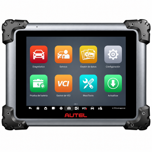 Vista frontal de la tablet de diagnosis Autel MaxiSys Elite II PRO mostrando su pantalla táctil y el menú principal de aplicaciones en español.