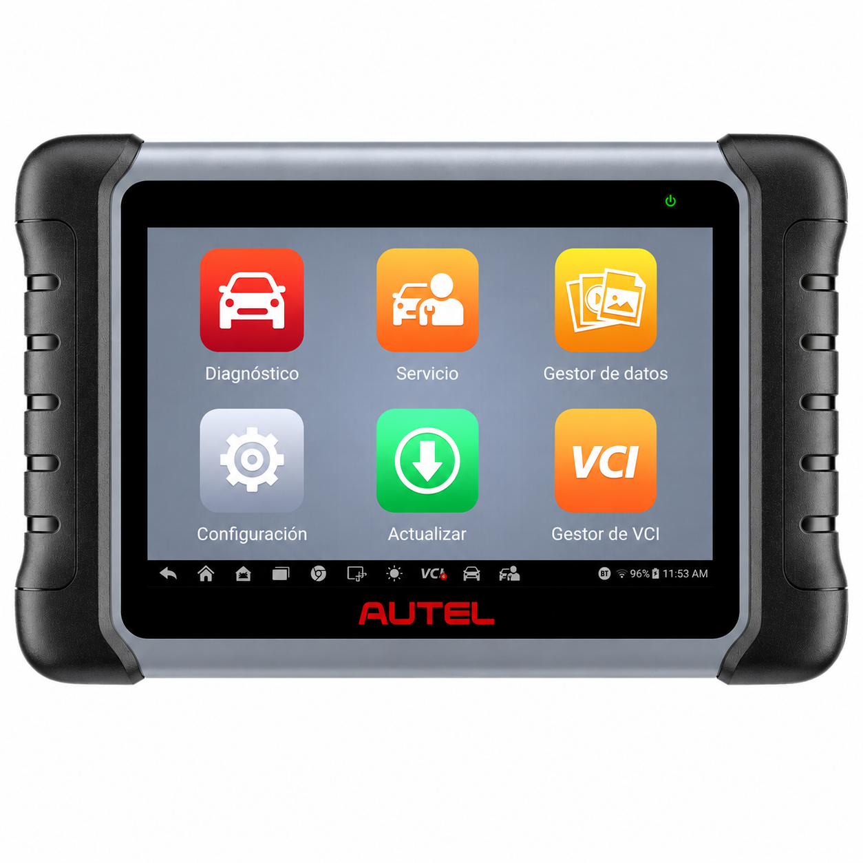 Vista frontal directa del escáner OBD2 multimarca Autel MaxiCOM MK808K-BT. Pantalla de inicio táctil en español mostrando los accesos directos a diagnóstico general de sistemas, funciones de servicio para mantenimiento y actualizaciones.