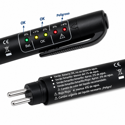 Detalle de los indicadores LED de humedad y leyenda de diagnóstico en el comprobador de líquido de frenos