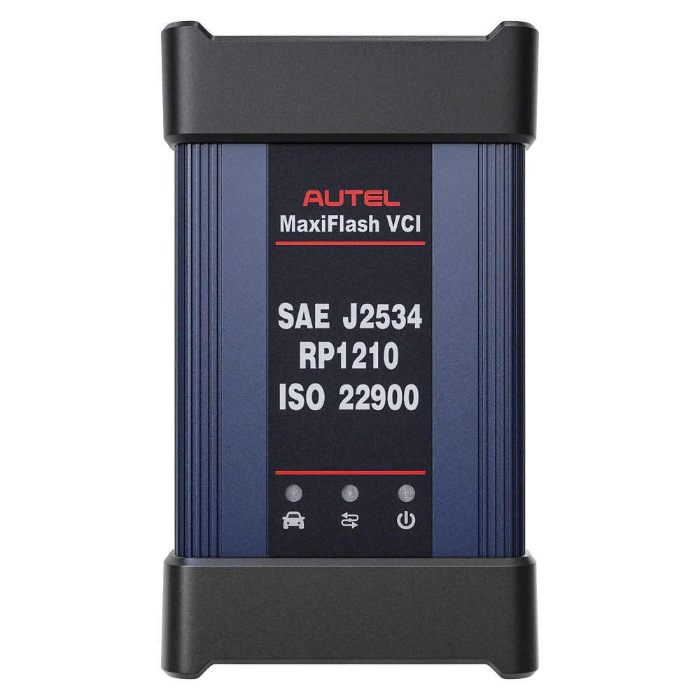 Primer plano del dispositivo de programación Autel MaxiFlash VCI incluido en la Elite II PRO, compatible con los protocolos SAE J2534, RP1210 e ISO 22900 para flashear centralitas.