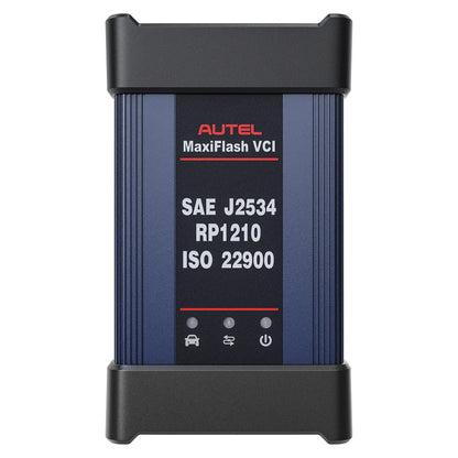 Primer plano del dispositivo de programación Autel MaxiFlash VCI incluido en la Elite II PRO, compatible con los protocolos SAE J2534, RP1210 e ISO 22900 para flashear centralitas.