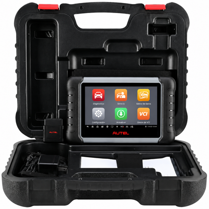 Maletín rígido de transporte abierto mostrando el kit completo del equipo de diagnosis inalámbrico Autel MaxiCOM MK808K-BT. Se observa la tableta principal encendida junto al adaptador Bluetooth MaxiVCI Mini, cargador de corriente y manuales.