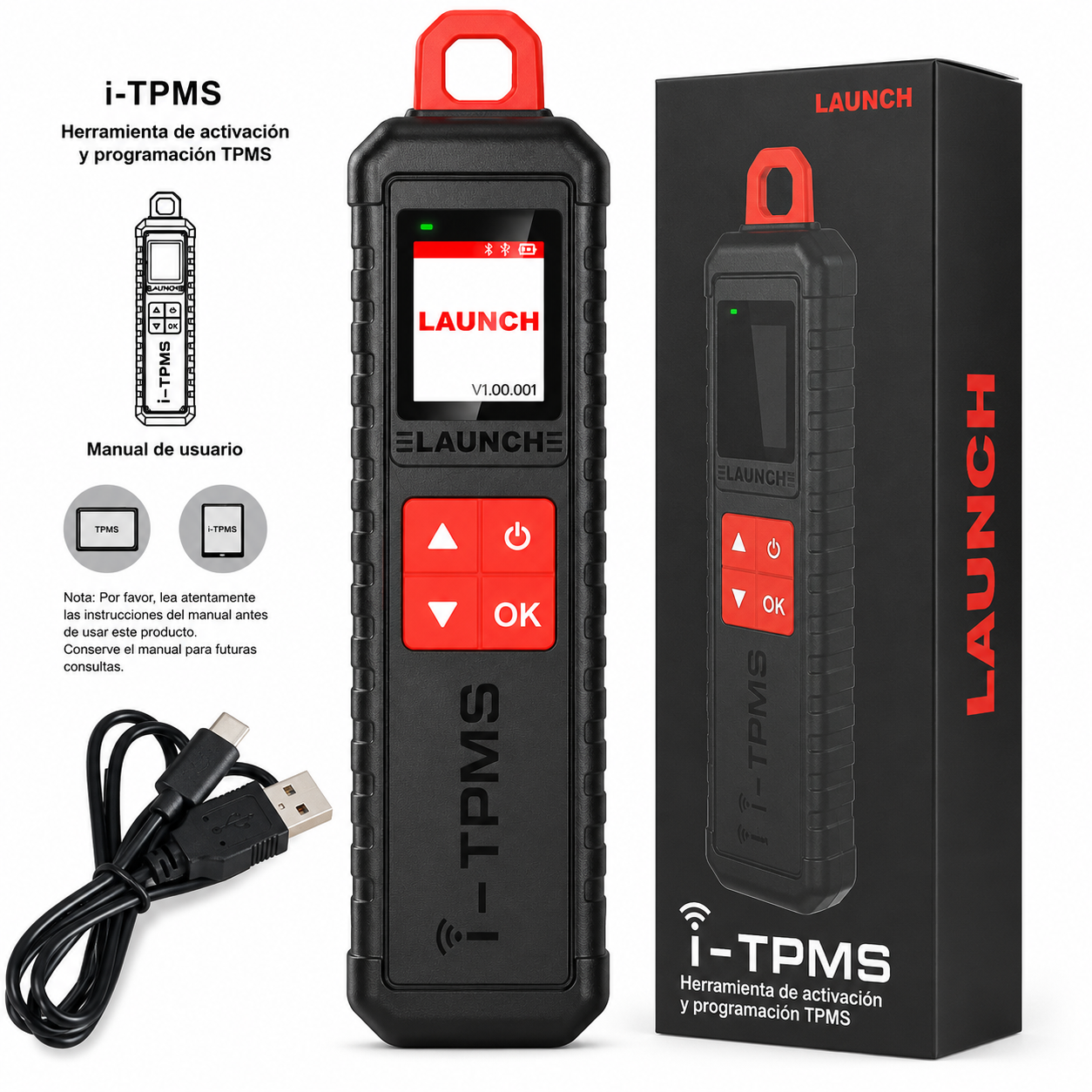 Contenido oficial de la caja del programador de válvulas Launch X-431 i-TPMS, mostrando el dispositivo, la caja de embalaje original, el cable USB y el manual de usuario.