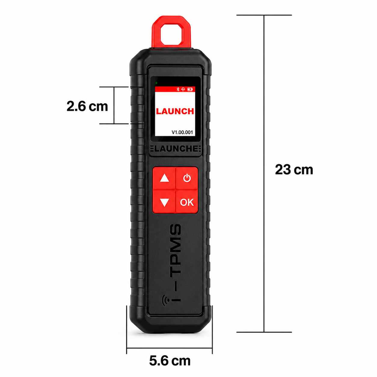 Esquema técnico con las medidas y dimensiones físicas del programador Launch X-431 i-TPMS, destacando su diseño compacto y ergonómico para el taller.