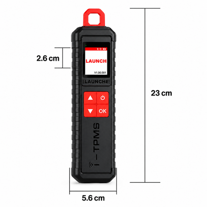 Esquema técnico con las medidas y dimensiones físicas del programador Launch X-431 i-TPMS, destacando su diseño compacto y ergonómico para el taller.