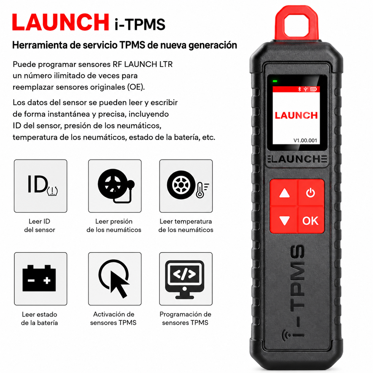 Infografía con las funciones principales de la herramienta Launch X-431 i-TPMS, mostrando la lectura de ID, presión, temperatura y batería, además de la activación y programación de sensores TPMS.
