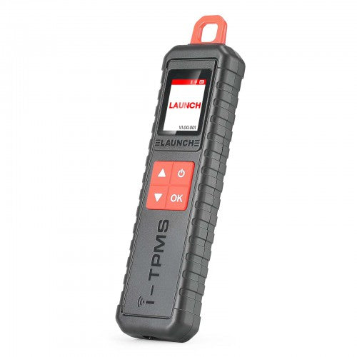 Vista de perfil inclinado del programador de sensores TPMS Launch X-431 i-TPMS, mostrando su diseño ergonómico, pantalla a color y botonera de control.