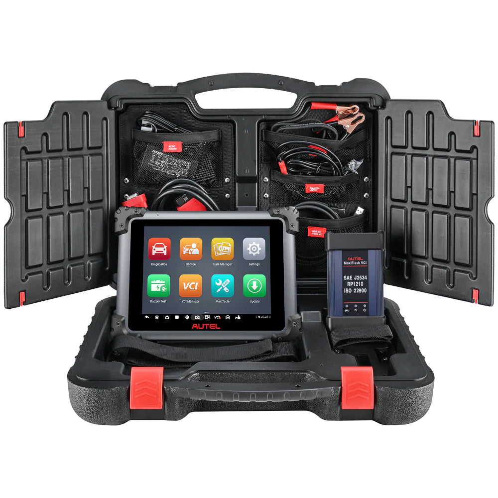 Maletín oficial de transporte abierto mostrando el kit completo del Autel MaxiSys Elite II PRO, incluyendo la tablet, la interfaz de programación VCI J2534 y todos los cables de conexión para el taller.