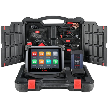 Maletín oficial de transporte abierto mostrando el kit completo del Autel MaxiSys Elite II PRO, incluyendo la tablet, la interfaz de programación VCI J2534 y todos los cables de conexión para el taller.