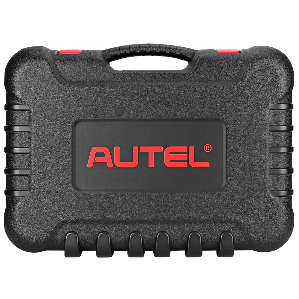 Maletín rígido oficial de transporte cerrado con el logotipo de Autel, diseñado para proteger el escáner MaxiSys Elite II PRO y sus accesorios en el entorno del taller mecánico.