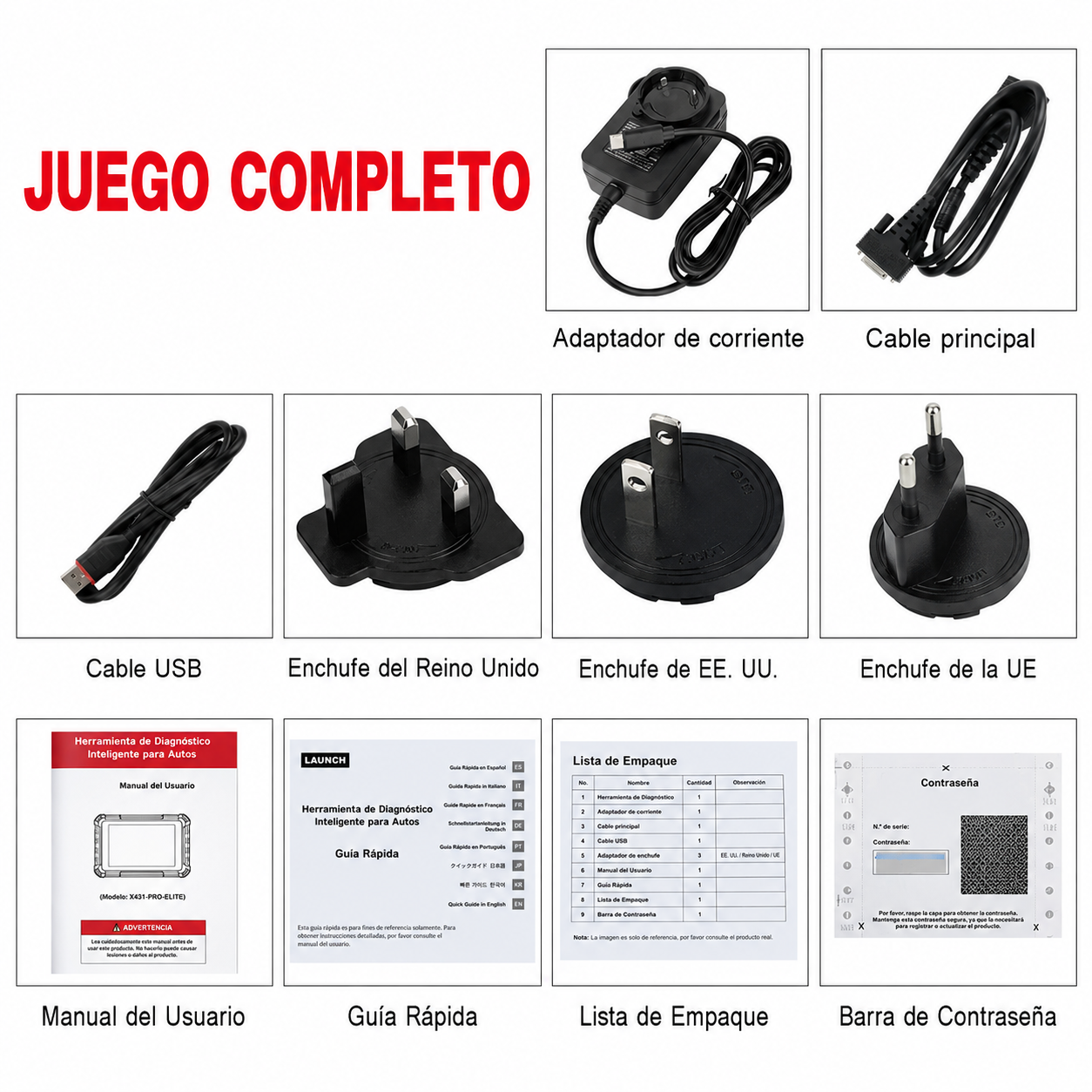 Juego de conectores OBD2 y cables adaptadores incluidos en la caja de la Launch X431 PRO Elite