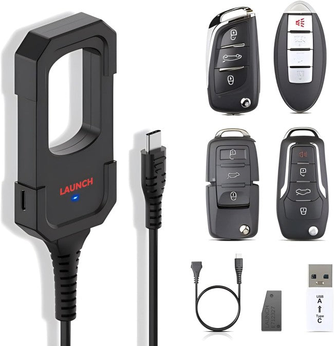 Kit completo de programador de llaves LAUNCH X431 IMMO. Incluye módulo base, cable USB Tipo C, adaptador y 4 mandos inteligentes universales para clonación y aprendizaje por OBD.