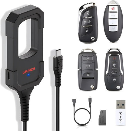 Kit completo de programador de llaves LAUNCH X431 IMMO. Incluye módulo base, cable USB Tipo C, adaptador y 4 mandos inteligentes universales para clonación y aprendizaje por OBD.