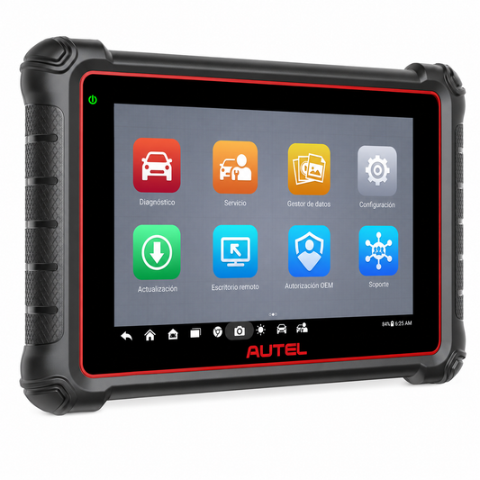 Vista en perspectiva de la tablet de diagnosis multimarca Autel MaxiPRO MP900E. Pantalla táctil encendida mostrando el menú principal en español con accesos rápidos a diagnóstico, servicio y al portal de Autorización OEM.