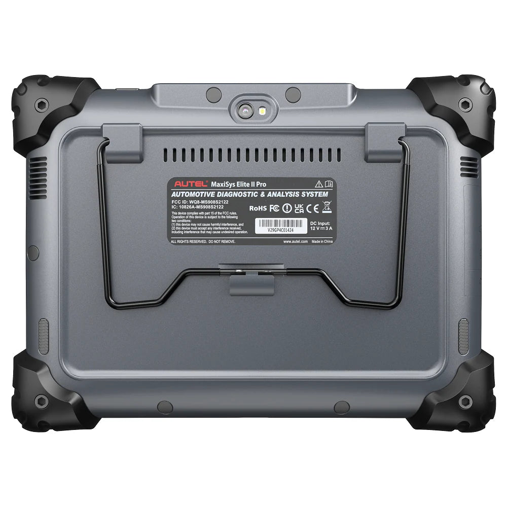 Vista trasera de la máquina de diagnosis Autel MaxiSys Elite II PRO, detallando su cámara integrada, soporte metálico plegable y etiquetas de certificación técnica originales.