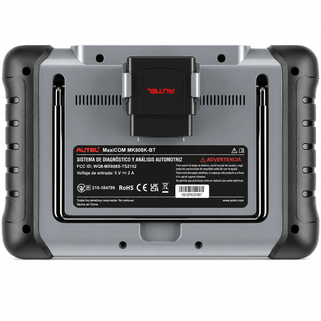 Vista trasera de la máquina de diagnosis Autel MaxiCOM MK808K-BT, mostrando el soporte metálico desplegable y el compartimento de anclaje diseñado para guardar de forma segura el módulo inalámbrico MaxiVCI Mini.