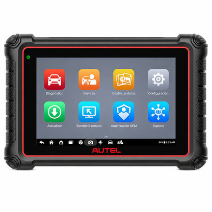 Vista frontal directa de la tablet multimarca Autel MaxiPRO MP900E, destacando su amplia pantalla táctil capacitiva y los menús de navegación rápida para ejecutar funciones de servicio y diagnóstico en el taller.