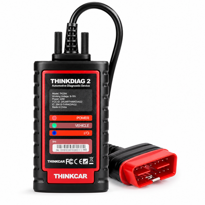Conector de diagnosis automotriz inalámbrico profesional Thinkcar ThinkDiag 2, mostrando el cable de conexión OBD2 y el panel frontal con las luces indicadoras de estado.