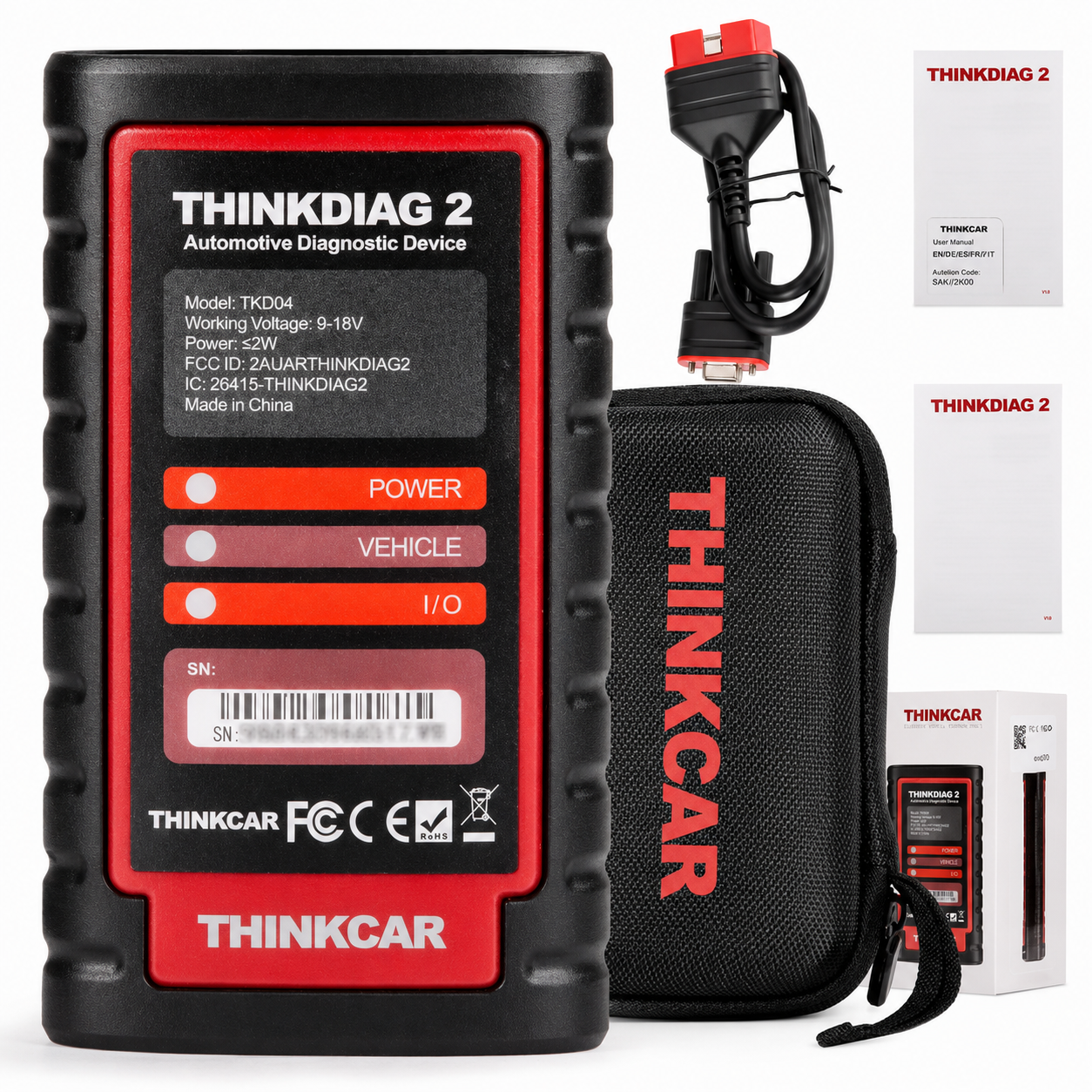 Contenido oficial del paquete del escáner Thinkcar ThinkDiag 2: unidad principal VCI, cable de extensión OBD2, estuche de transporte rígido de EVA, manuales de usuario y embalaje original.
