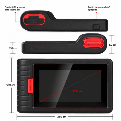 Esquema técnico con las medidas y dimensiones de la tablet del escáner Thinkcar ThinkScan MAX 2, mostrando su pantalla táctil de 5.99 pulgadas y los puertos de conexión.