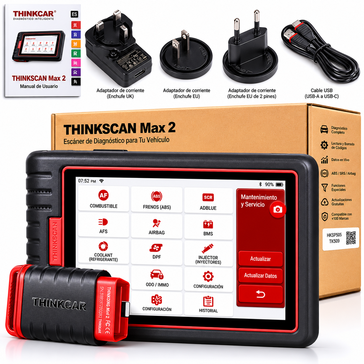 Escáner de diagnosis multimarca Thinkcar ThinkScan MAX 2 con menú en español, mostrando el conector VCI Bluetooth Thinkdiag Mini 2, cargadores y embalaje oficial.