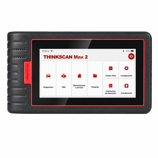 Vista frontal de la tablet del escáner de diagnosis multimarca Thinkcar ThinkScan MAX 2 mostrando el menú principal de funciones en español.